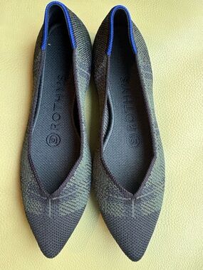 Rothy’s The Point Racer Plaid Green Knit Slip On Ballet Flats 5 NWOB